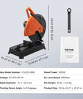 Heavy Duty Workhorse Abrasive Chop Saw With 14 Inch Blade 2300W 3600RPM Metal Cutting Machine 0 To 45 Degree Adjustable Miter For Cutting Steel Rebar Iron Aluminum Black with user manual and dimensions.