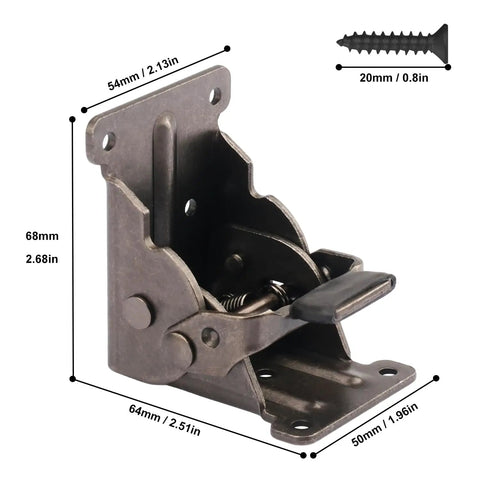 Straight Up 12 Pack Folding Brackets With Screws Rock Solid Self Locking Hinges 0 90 Degree Adjustable Table Leg Extenders No Sweat Diy Furniture Support Frame Black close-up showing dimensions and screw.