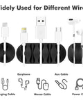 18 Pack Black Adhesive Cable Clips Organizer Set For Desk Nightstand And Office Single Double And Five Slot Wire Management Clips For Charging Cables Phone Cords Computer Cables And Mouse Cables shown with various cable types inserted.