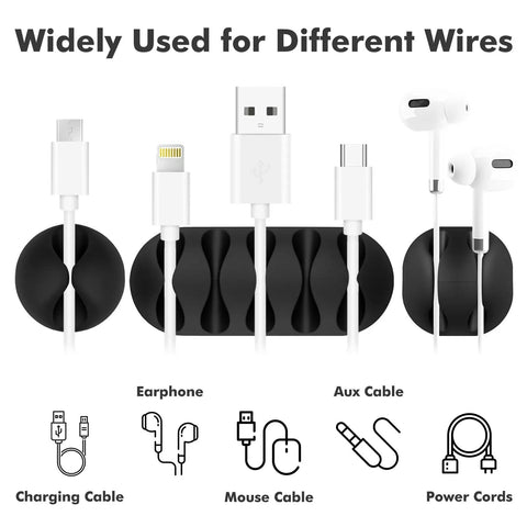 18 Pack Black Adhesive Cable Clips Organizer Set For Desk Nightstand And Office Single Double And Five Slot Wire Management Clips For Charging Cables Phone Cords Computer Cables And Mouse Cables shown with various cable types inserted.