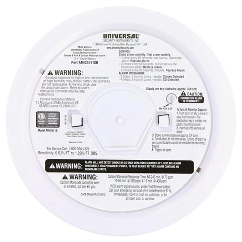 Sensing Plus Multi Criterion Smoke Fire And Carbon Monoxide Alarm With 10 Year Battery For Total Home Safety Easy Install And Quick Detection, back view showing specifications and warnings.