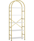 Clean Vibe Five Tier Arched Bookshelf With Brushed Gold Finish And No Hassle Assembly, vertical gold arched rack with white shelves.