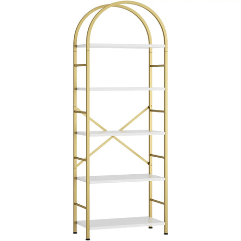 Clean Vibe Five Tier Arched Bookshelf With Brushed Gold Finish And No Hassle Assembly, vertical gold arched rack with white shelves.
