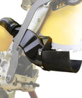 Close-up of 5 In 1 Miter Saw Dust Collection Adapter And Vacuum Hose Connector Pro Grade Upgrade installed on saw blade.