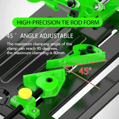 Image of a green universal angle grinder stand converter with workstation bracket, showing 45-degree angle adjustability.