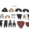 Storage Case 81-Piece Oscillating Saw Blade Kit laid out showing high carbon steel multitool blades, sanding pads, and sand papers.