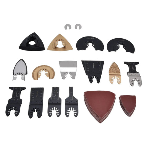 Storage Case 81-Piece Oscillating Saw Blade Kit laid out showing high carbon steel multitool blades, sanding pads, and sand papers.