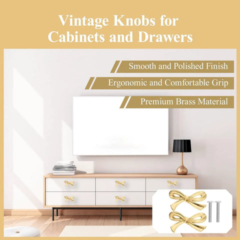 Two Piece Gold Bow Knob Set For Dresser Cabinets And Cupboards Vintage Metal Hardware For Kitchen And Bedroom Decor on dresser