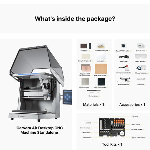Air Desktop CNC Machine With Makera CAM For Makers Enclosed Mini CNC Mill and accessories package contents