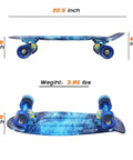 Side and top view of Complete Mini Cruiser Skateboard For Kids And Beginners 22 Inch Starry Sky Retro Deck with smooth wheels.