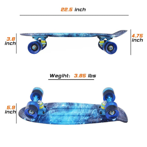 Side and top view of Complete Mini Cruiser Skateboard For Kids And Beginners 22 Inch Starry Sky Retro Deck with smooth wheels.