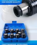 Premium 9 Piece GT12 ANSI Tap Torque Collet Set Fits M16R Electric Tapping Machine Includes 1/8 To 1/2 Inch High Precision Chuck shown in blue case.
