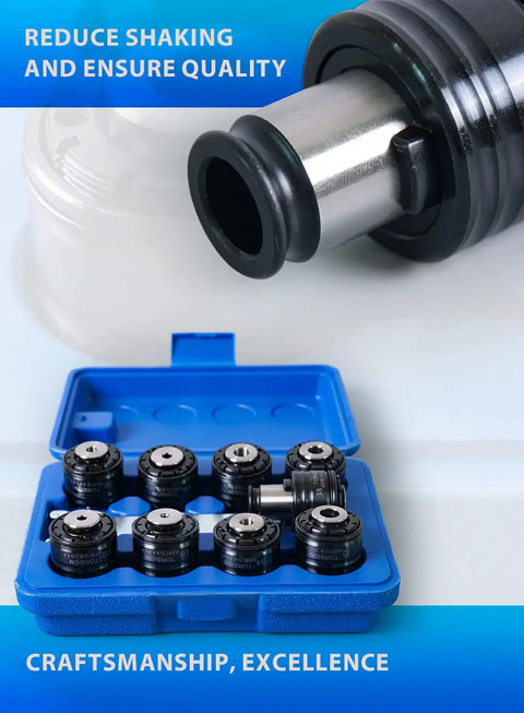 Premium 9 Piece GT12 ANSI Tap Torque Collet Set Fits M16R Electric Tapping Machine Includes 1/8 To 1/2 Inch High Precision Chuck shown in blue case.