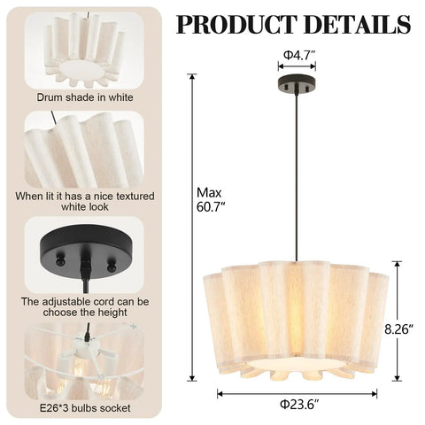 Modern Black Finish Pendant Light Fixture With Off White Fabric Drum Shade Four Light Chandelier For Bedroom Dining Room Corridor And Living Room With Elegant Look Great For Entryways And Hallways