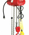Heavy Duty Electric Chain Hoist With 500 Lb Load Rating And 20 Foot Lift Height featuring red casing, chains, and control pendant.