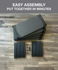 Heavy Duty 36 Inch Plastic Resin Shelving Unit 5 Tier Storage Rack parts including legs, boards, caps, and safety clip on a flat surface.