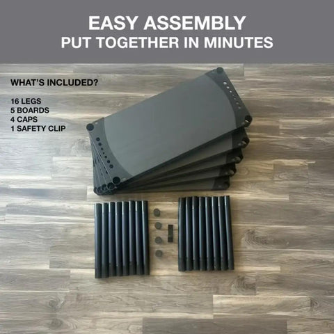 Heavy Duty 36 Inch Plastic Resin Shelving Unit 5 Tier Storage Rack parts including legs, boards, caps, and safety clip on a flat surface.