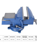Heavy Duty Cast Iron Table Vise With 8 Inch Jaw Width And Wide 150mm Opening For Milling Drilling Machines Plus Flat Clamp Anvil Workholding Tool Perfect For Any Badass Repair Shop Setup, side view showing blue finish and dimensions.