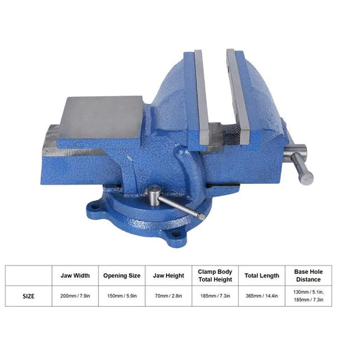 Eight Inch Cast Iron Table Vise For Drilling And Milling Machines With Built In Anvil Heavy Duty Clamp to secure workpieces, showing side view.