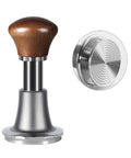 Automatic Spring Loaded Coffee Tamper With Integrated Powder Distributor Applies Steady Constant Force, featuring a wooden handle and metallic base.
