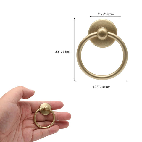 Hand holding 5 Pack Gold Ring Drawer Pulls With Screws, Brass Cabinet Handles Drop Knobs, showing size and design.