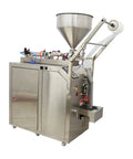 Heavy Duty Automatic Liquid And Paste Filler With Digital Controls For Hassle Free Small Batch Commercial Packaging Of Oils Vinegars Creams And Drinks 110V side view with stainless steel build and hopper.