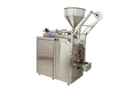 Heavy Duty Automatic Liquid And Paste Filler With Digital Controls For Hassle Free Small Batch Commercial Packaging Of Oils Vinegars Creams And Drinks 110V side view with stainless steel build and hopper.