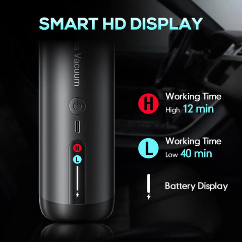 Handheld Cordless Car Vacuum With 21000 Pa Suction Power For Quick Cleanups At Home Car Office And Pet Hair Includes Multi Nozzle And Washable Filter Everyday with smart HD display showing high and low working times.