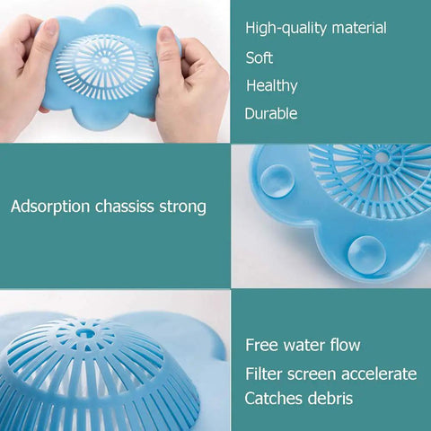 Hands holding blue Silicone Hair Catcher Drain Stopper with Suction Cups showing features for bathtub and sinks.