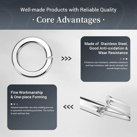 Big 1200Pcs M8 201 Stainless Steel Spring Lock Washers Set for Industrial and DIY Projects, Rust Resistant and Heat Proof, Inner Diameter 0.342in, Thickness 0.083in, Wide 0.087in, Opening 0.207in, Strong Elastic Locking Force, stainless steel spring lock washer close-up