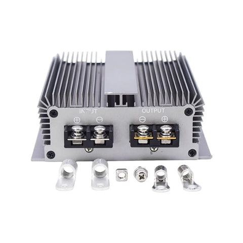 No Sweat Installation 12 To 58 Point 4 Volt Dc Dc Step Up Boost Converter Module, aluminum build with input and output terminals.