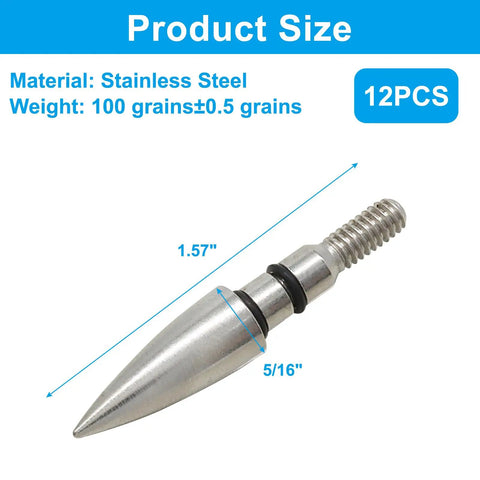 12 Pack Pro Grade Archery Field Points Set With Five Sixteenth Inch Diameter, stainless steel, screw in tip close-up