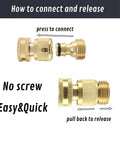 Solid Brass Garden Hose Quick Connector Kit, Three Quarter Inch GHT Threaded Couplings With Easy Install, No Leak Male And Female Fittings, 4-Piece Set With Spare Washers And O-Rings For Quick, Leak-Free Hose Connections showing how to connect and release