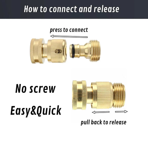 Solid Brass Garden Hose Quick Connector Kit, Three Quarter Inch GHT Threaded Couplings With Easy Install, No Leak Male And Female Fittings, 4-Piece Set With Spare Washers And O-Rings For Quick, Leak-Free Hose Connections showing how to connect and release
