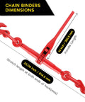 Heavy Duty Tie Down Set: 2 Pack Ratchet Chain Binders for 3/8 to 1/2 Inch Chains with dimensions and red finish displayed