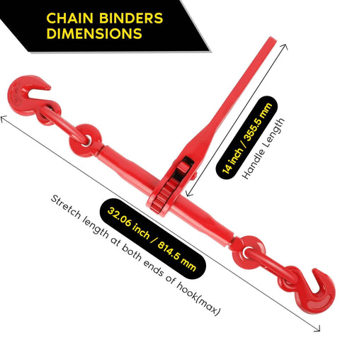 Heavy Duty Tie Down Set: 2 Pack Ratchet Chain Binders for 3/8 to 1/2 Inch Chains with dimensions and red finish displayed