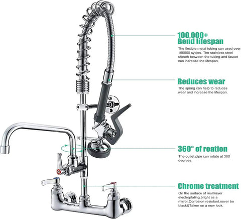 Robust Wall Mount Kitchen Sink Faucet With A Slick Polished Chrome Surface And High Pressure Pre Rinse Sprayer, showing 360° rotation feature.
