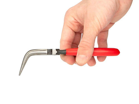 Hand holding 6 Inch 70 Degree Long Nose Pliers With Slim Bent Nose For Tight Obstructions, Extra Long Reach For Narrow Spaces, red handle