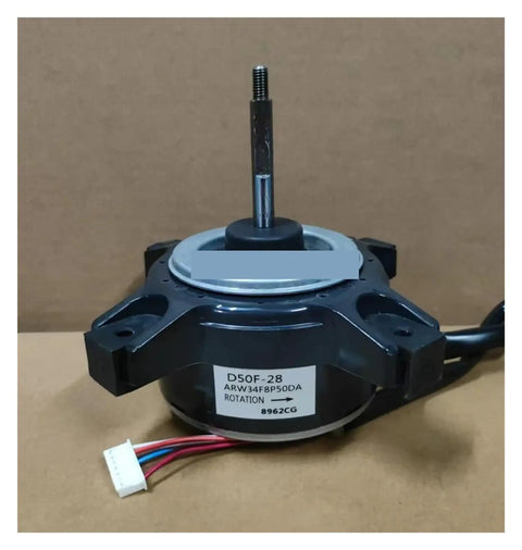 DC Fan Motor Replacement For Air Conditioner Units Compatible With D50X-28 D50F-28 D50A-28 front view with label and wiring