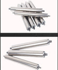 Pack Of Six 1.5 Inch Diameter Steel Conveyor Rollers With 8Mm Axle Featuring Retractable Spring Bearings displaying polished stainless steel rollers.