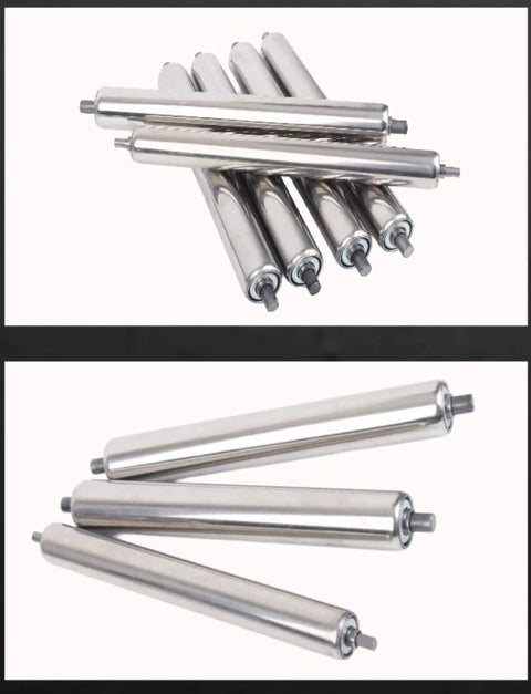 Pack Of Six 1.5 Inch Diameter Steel Conveyor Rollers With 8Mm Axle Featuring Retractable Spring Bearings displaying polished stainless steel rollers.