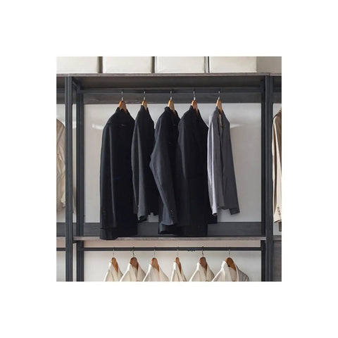 Top Shelf Wood Walk In Closet Organizer System Featuring Straight Up Customizable Shelves Heavy Duty Hanging Rods And Hassle Free Drawers For Bedroom Storage That Honestly Maximizes Space with hanging jackets.