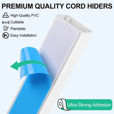 Six Pack White Cord Covers For Wall Cables Self Adhesive TV Wire Management, 14.2 Inch Long Per Cover, adhesive detail