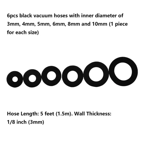 Go-To Silicone Vacuum Hose Kit 6 Pack with 5ft Tubing in 1/8 to 3/8 Inch Diameters displayed in size order