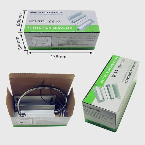 Box packaging of Heavy Duty Wired Alarm Magnetic Contacts Switch Sensor NC With Adjustable Bracket for garage and roller doors.
