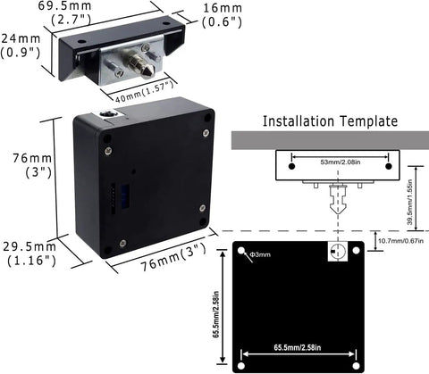 Dimensions and installation template for Smart RFID Cabinet Lock With NFC Drawer Locks And Hidden Card Access For Wood Cabinets And Furniture