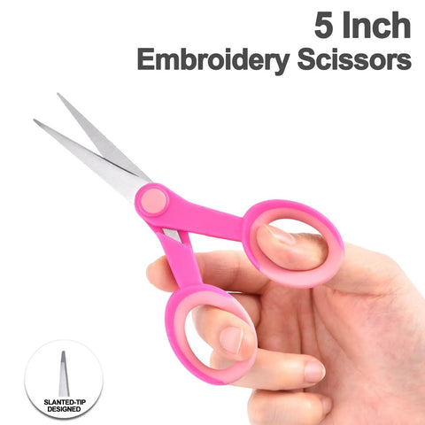 5 Inch Embroidery Scissors, pink slanted-tip stainless steel, held in hand for thread trimming