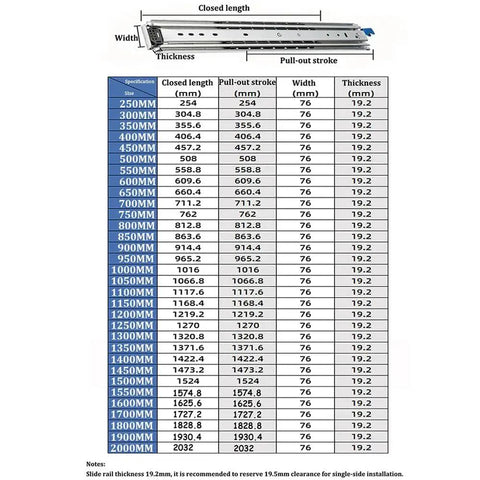 Heavy Duty Ball Bearing Drawer Slide Rails 750 Mm Smooth As Silk Side Mount Drawer Runners dimensions chart and specifications