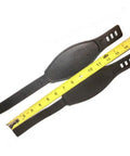 Pair Long Pedal Straps for Stationary Bikes with Ratchet Ridges shown with measuring tape, 14.5 inches long, black color
