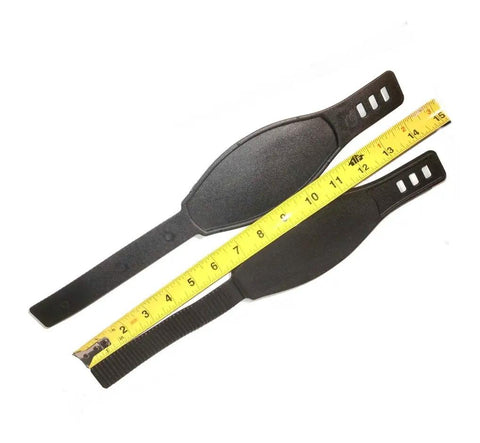 Pair Long Pedal Straps for Stationary Bikes with Ratchet Ridges shown with measuring tape, 14.5 inches long, black color